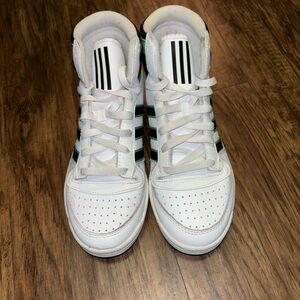 Adidas Kids White, Green, and Black High-Top Sneakers